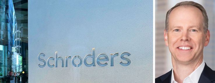 Schroders building in London and Nuveen CEO William Huffman.