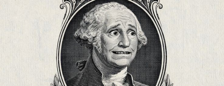A portrait on a dollar bill of a worried George Washington.