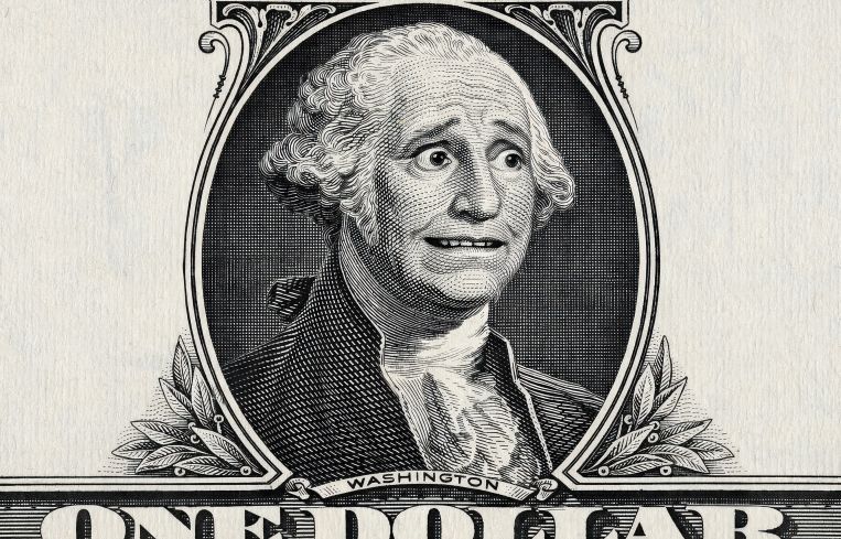 A portrait on a dollar bill of a worried George Washington.