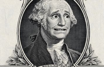 A portrait on a dollar bill of a worried George Washington.