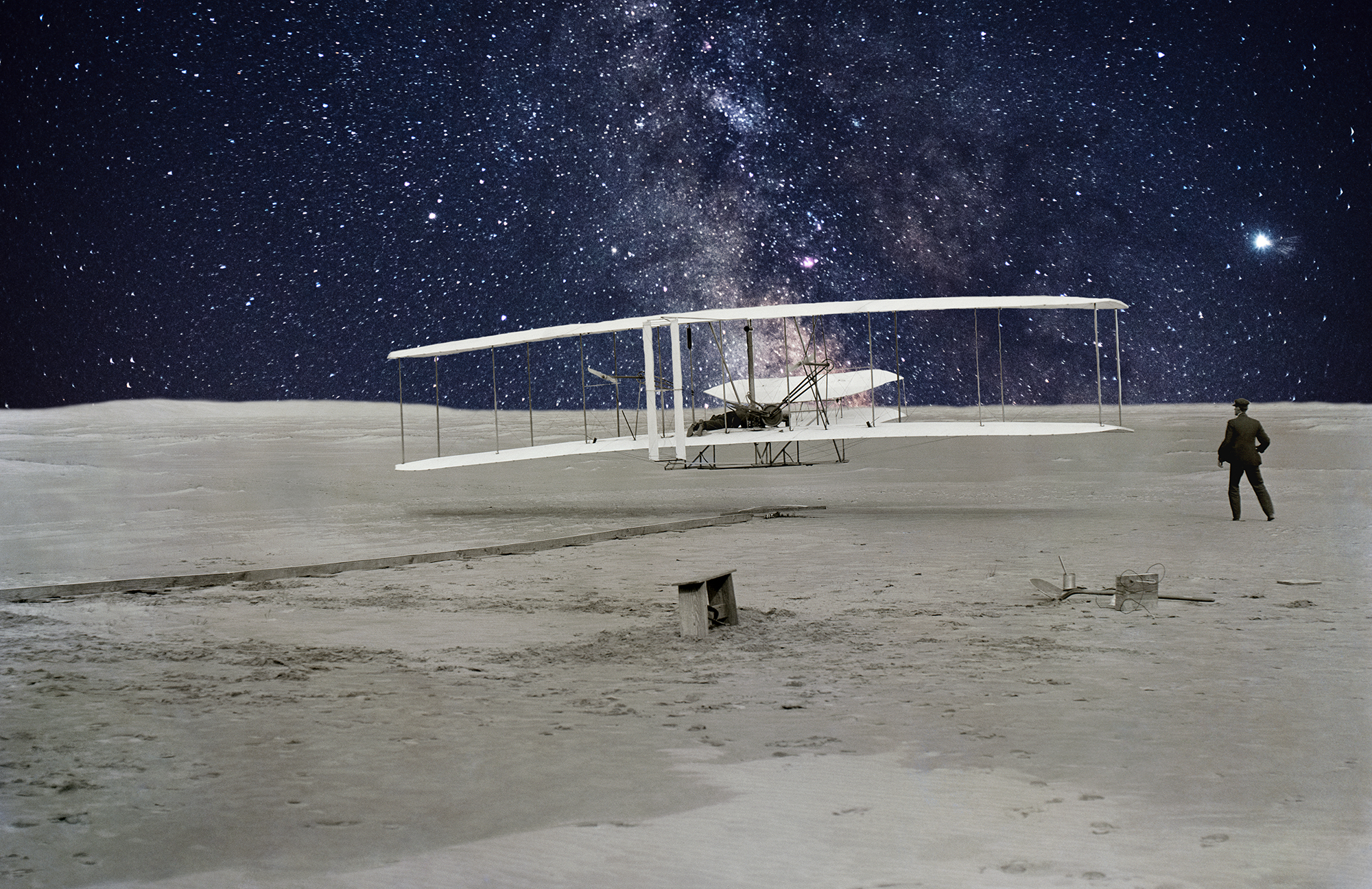 Wright Brothers plane taking off from the moon.