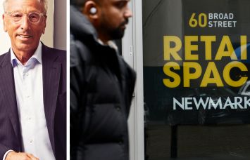Newmark CEO Barry Gosin and a pedestrian passes by a retail space available from Newmark.