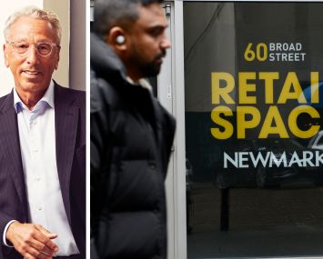 Newmark CEO Barry Gosin and a pedestrian passes by a retail space available from Newmark.
