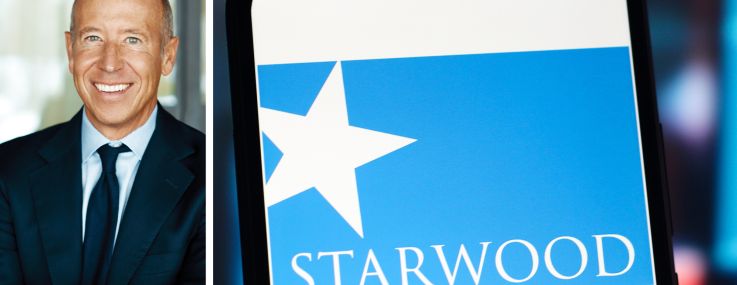 Starwood Property Chairman and CEO Barry Sternlicht and the Starwood Capital logo displayed on a mobile phone.