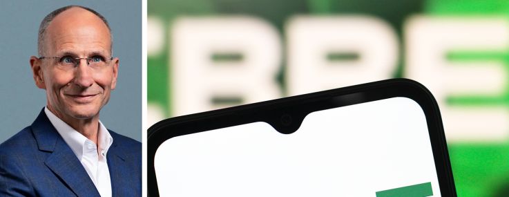 CBRE CEO Bob Sulentic, and a mobile phone displaying the CBRE logo.