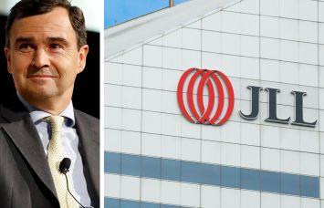 JLL CEO Christian Ulbrich and the JLL logo on one of its offices.