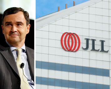 JLL CEO Christian Ulbrich and the JLL logo on one of its offices.