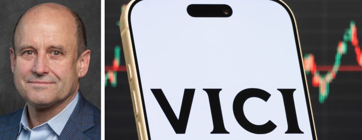Vici CEO Edward Pitoniak and the Vici logo displayed on a mobile phone.