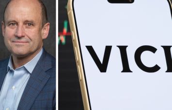 Vici CEO Edward Pitoniak and the Vici logo displayed on a mobile phone.
