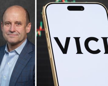 Vici CEO Edward Pitoniak and the Vici logo displayed on a mobile phone.