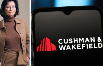 Michelle MacKay, CEO of Cushman & Wakefield, and the Cushman & Wakefield logo displayed on a cell phone.