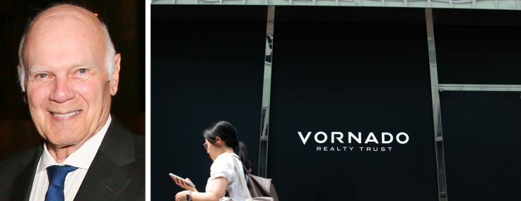 Vornado Realty Trust CEO Steven Roth, and a person walking past a Vornado sign.