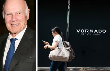 Vornado Realty Trust CEO Steven Roth, and a person walking past a Vornado sign.