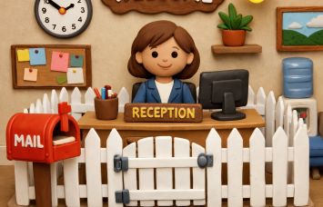 An illustration of a reception area with a white picket fence surrounding the desk.
