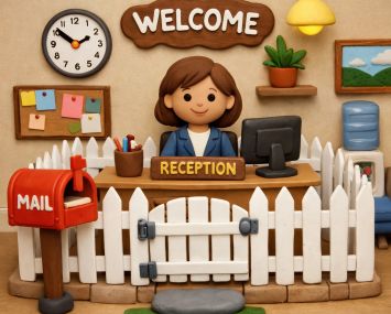 An illustration of a reception area with a white picket fence surrounding the desk.