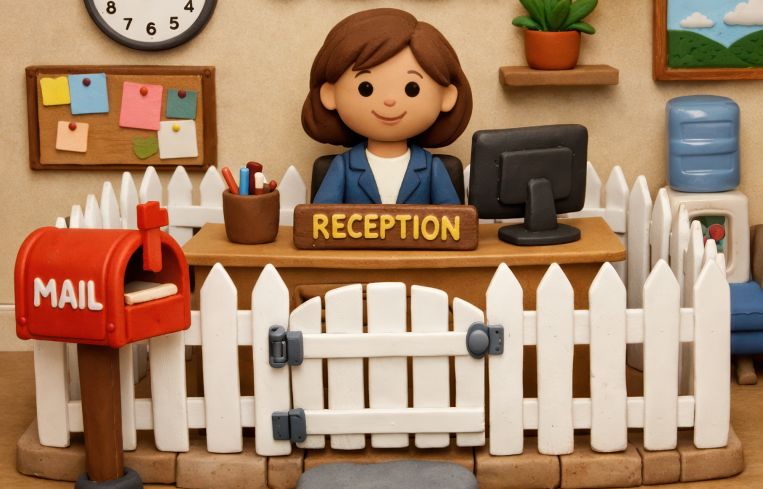 An illustration of a reception area with a white picket fence surrounding the desk.