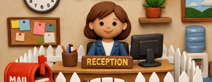 An illustration of a reception area with a white picket fence surrounding the desk.