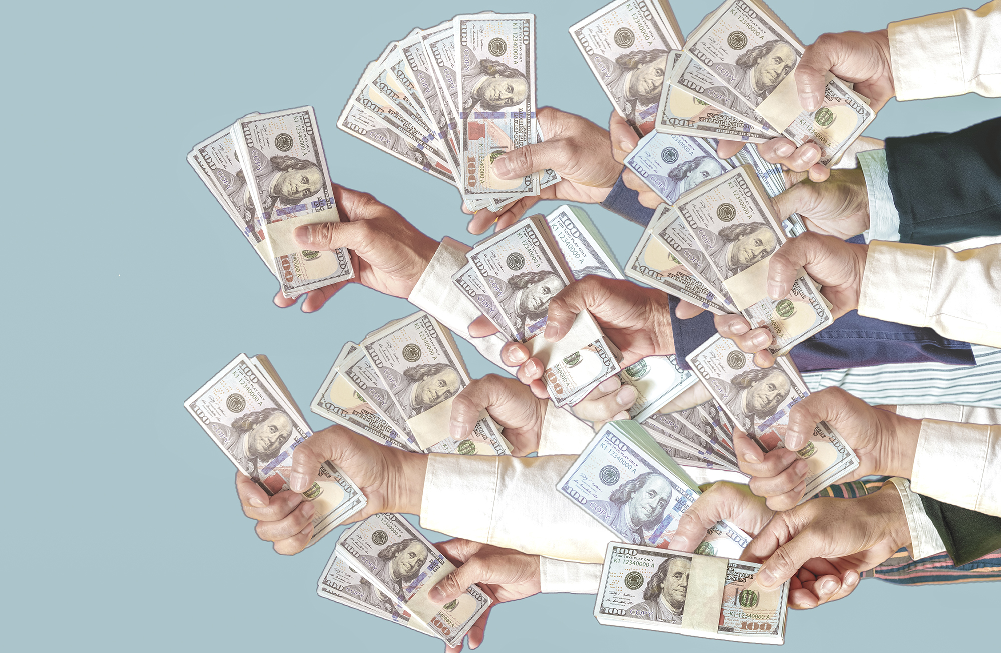 An illustration of several hands of businessmen holding fistfuls of dollars.