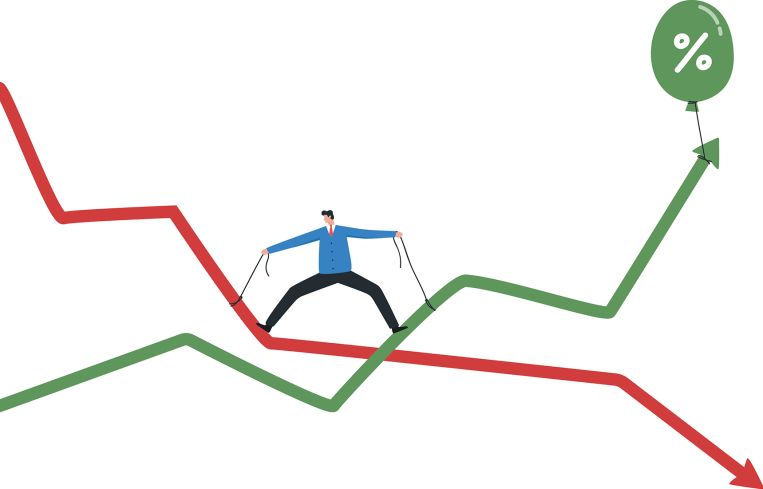 An illustration of a business person wrestling with interest rates.