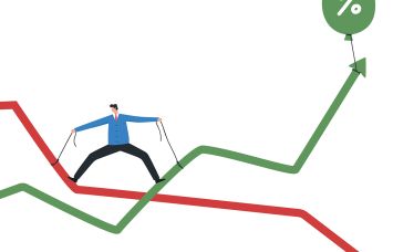 An illustration of a business person wrestling with interest rates.