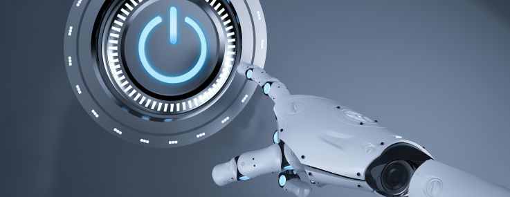 An illustration of a robot's hand pushing a power button.