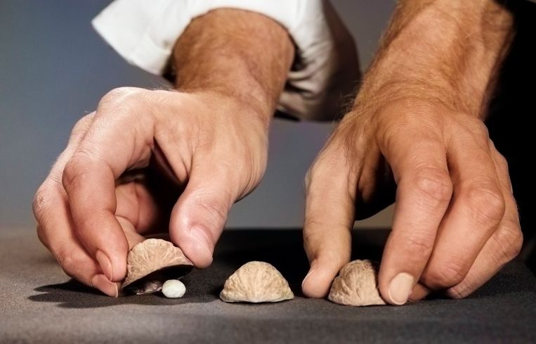 Man's Hands With Shirt Sleeves Rolled Up Performing Playing Shell Game.