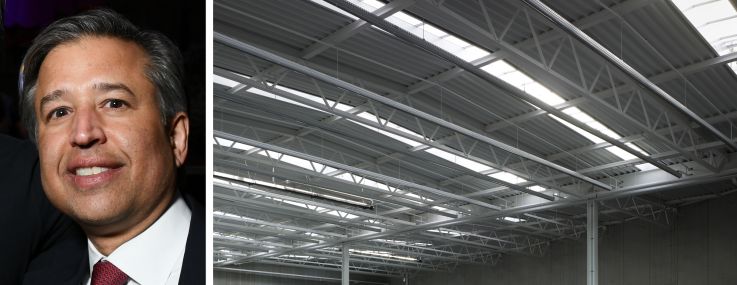 Blackstone's A.J. Agarwal and the interior of a distribution center.