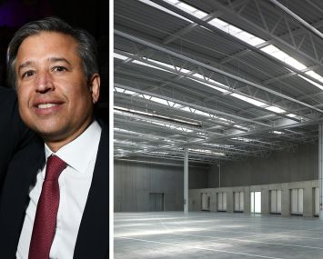 Blackstone's A.J. Agarwal and the interior of a distribution center.