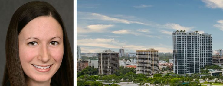 CBRE's Amy Julien (top) and Andrew Chilgren and the Coconut Grove, Fla., skyline.
