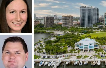 CBRE's Amy Julien (top) and Andrew Chilgren and the Coconut Grove, Fla., skyline.