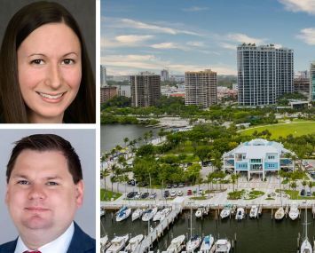 CBRE's Amy Julien (top) and Andrew Chilgren and the Coconut Grove, Fla., skyline.