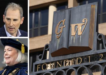 Amazon CEO Andy Jassy (top), George Washington University President Ellen Granberg, and a George Washington University sign.