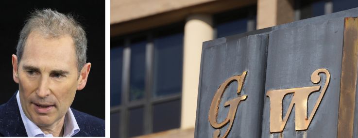 Amazon CEO Andy Jassy (top), George Washington University President Ellen Granberg, and a George Washington University sign.