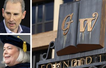 Amazon CEO Andy Jassy (top), George Washington University President Ellen Granberg, and a George Washington University sign.