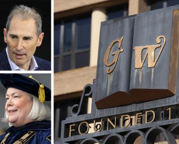 Amazon CEO Andy Jassy (top), George Washington University President Ellen Granberg, and a George Washington University sign.