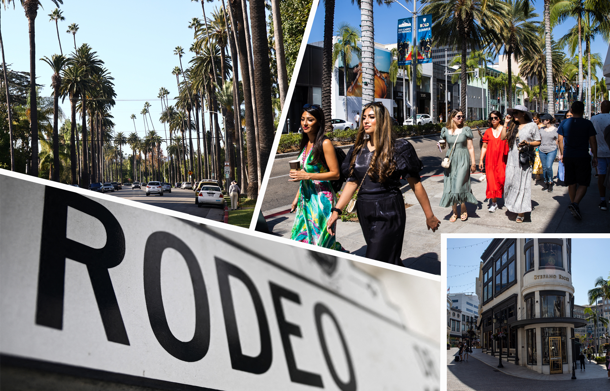 A collage of images from Beverly Hills showing a palm-tree lined street, tourists, a Rodeo Drive sign, and shops.