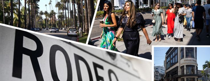 A collage of images from Beverly Hills showing a palm-tree lined street, tourists, a Rodeo Drive sign, and shops.