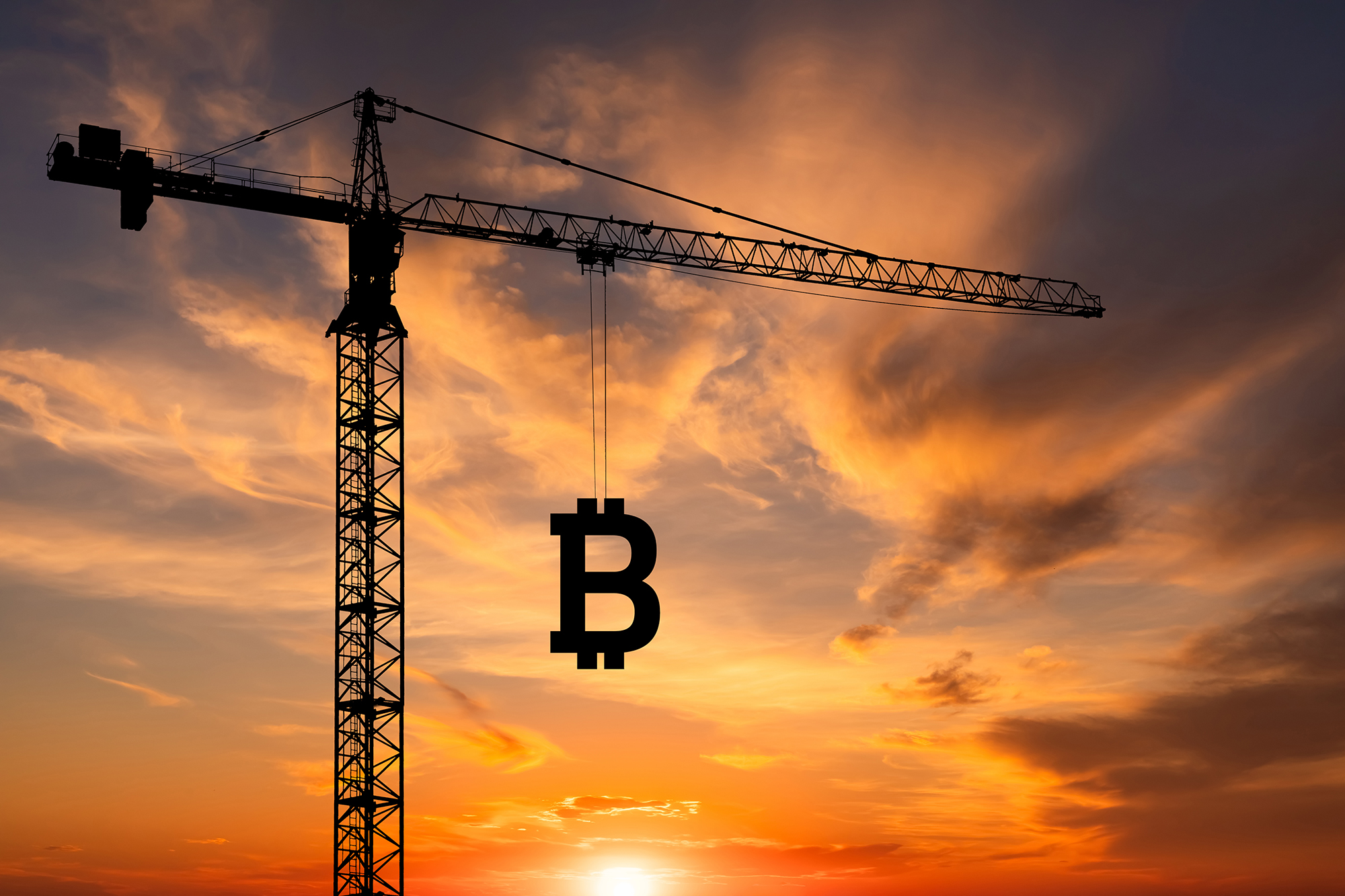 Construction crane holding a Bitcoin sign.