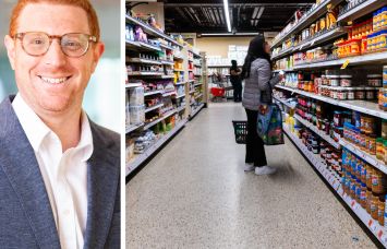 Nuveen Real Estate's Brian Wallick and customers shopping at a grocery store.