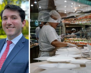 Chris Bradicich of Live XYZ and workers inside a restaurant in Manhattan.