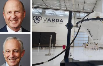 GPI Companies' Cliff Goldstein (top) and Drew Planting, and a Varda Space Industries factory.