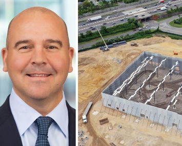 Prologis CEO Daniel Letter and a distribution center under construction.
