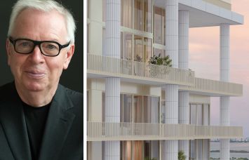 Architect David Chipperfield and a rendering of the planned Fouquet's Miami.