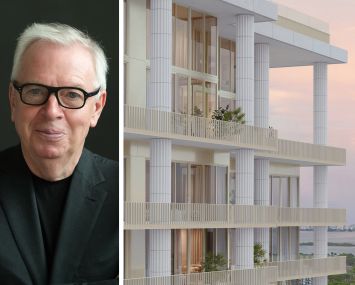 Architect David Chipperfield and a rendering of the planned Fouquet's Miami.