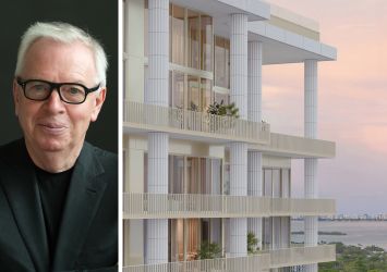 Architect David Chipperfield and a rendering of the planned Fouquet's Miami.