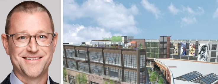 Goodwin's David Pendergast and a rendering of 555 Mateo Street, Los Angeles.