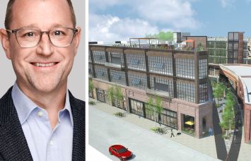 Goodwin's David Pendergast and a rendering of 555 Mateo Street, Los Angeles.