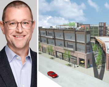 Goodwin's David Pendergast and a rendering of 555 Mateo Street, Los Angeles.