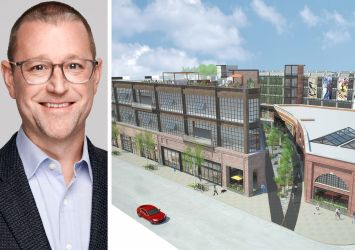 Goodwin's David Pendergast and a rendering of 555 Mateo Street, Los Angeles.