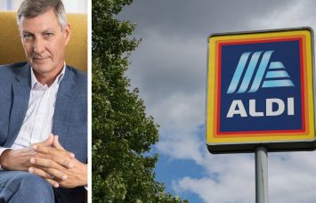 Federal Realty Don Wood and a sign outside an Aldi's location.